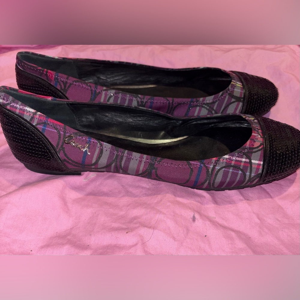 Coach purple plaid black sequin bling ballet flats shoes size 9.5B - Picture 3 of 6